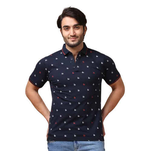 Navy Mercerised Printed Polo Neck Half Sleeve T-Shirt - Fabric Type: Cotton