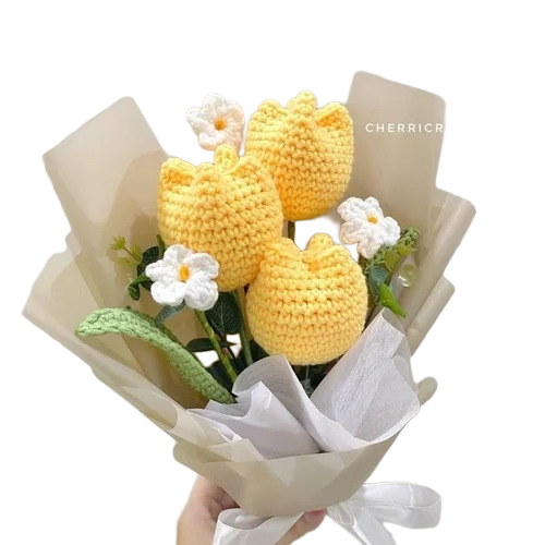 Artificial Flower Bouquet - Cotton Yarn Yellow | Durable Fireproof Standard UV Resistant Water Resistant Flexible Petals