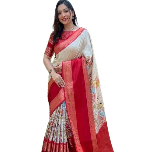 Saree - Silk Fabric, White and Red Color Combination | Women's Traditional Wear