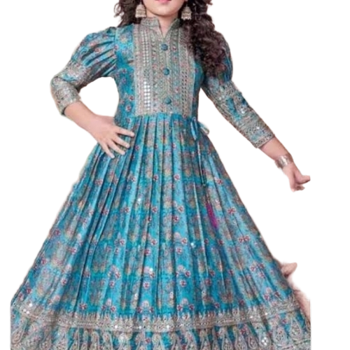 Gown - Embroidery Turquoise, Floor Length | Elegant Design, Flowing Fabric, Fitted Bodice, Sleeveless