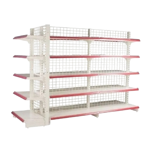 Super Market Display Rack - Metal Frames, Standard Size, White | Wire Mesh Panels, 5 Shelves, Floor Mounted, Durable Finish