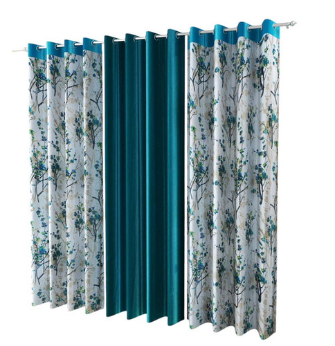 Blue Printed Polyester Curtain - Color: Dark Beige