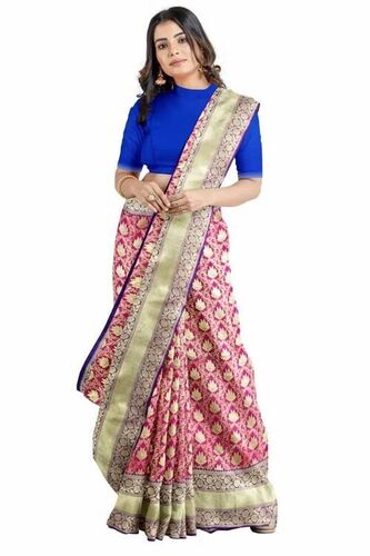 Ladies Banarasi Muslin Silk Saree - Color: Pink (Base)