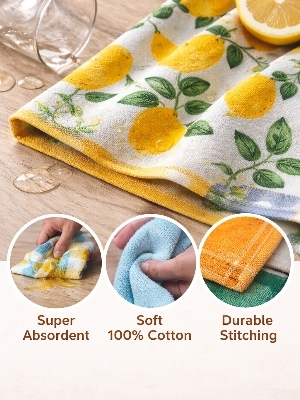 Cotton Kitchen Towels - White and Green, Printed | Compressed, Eco-Friendly, Water Absorbent