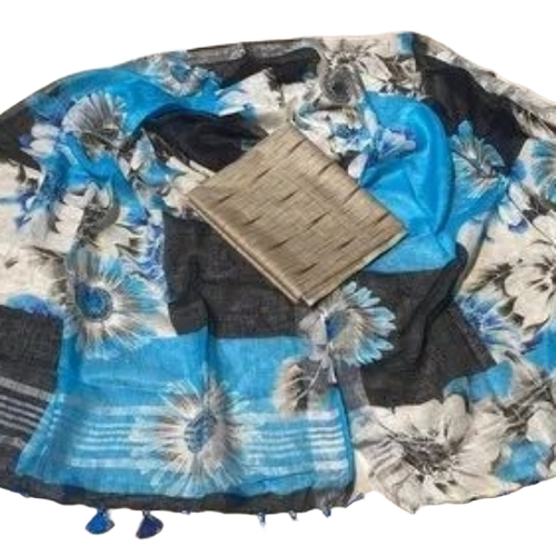 Printed Dupatta - Linen, Standard Size, Blue & Black, Machine Made | Anti-Wrinkle, Breathable, Quick Dry, Washable