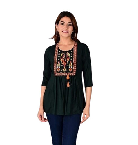 Short Kurtis - Soft Silky Fabric, Black, S-XXXL | Embroidered, Quick Dry, Neatly Stitched, Lightweight, 3-4th Sleeve