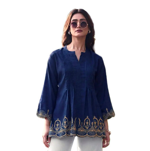 Casual Ladies Kurtis - Rayon Fabric, Size S-XXXL, Blue, Quick Dry, Cut Work Embroidery, Lightweight, Neatly Stitched