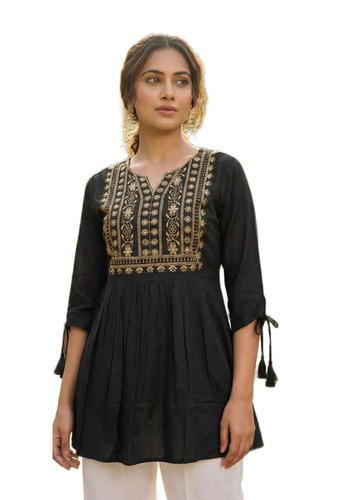 Ladies Fancy Kurtis - Rayon Fabric, Sizes S-XXXL, Black, Quick Dry, Neatly Stitched, Lightweight, Thread Work Pattern