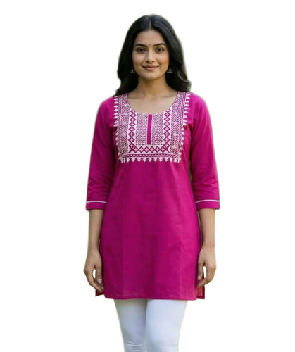 Ladies Kurtis - Rayon, S-XXXL, Pink | Quick Dry, Neatly Stitched, Lightweight, Thread Work, 3-4th Sleeve, Casual Trendy