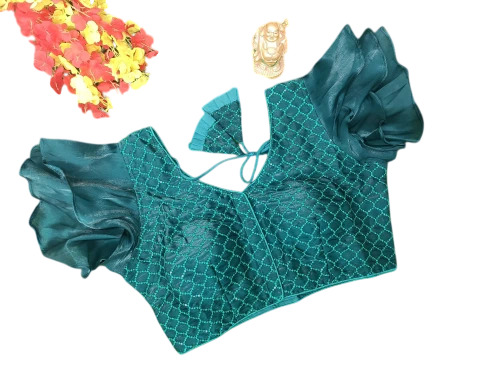 Dark Green Ruffle Sleeve Designer Blouse - Material: Silk