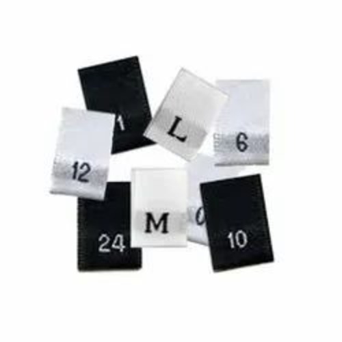 Clothing Size Sticker - Woven Material, Rectangular Shape, Black & White | Digital Printed, Custom Size, Good Quality