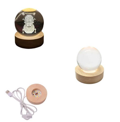 Khatu Shyam 3D Crystal Ball Night Led Light Lamp With Wooden Based - Color: Off White