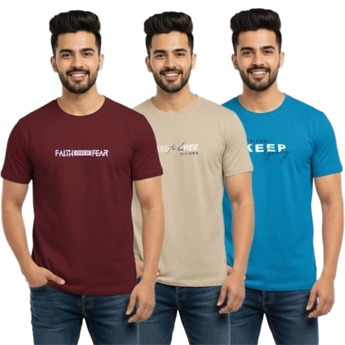 Printed Poly Cotton Men T-Shirts - Blended 70% Cotton 30% Polyester, Large, Multicolor | Female, Plain Pattern, Customized Size
