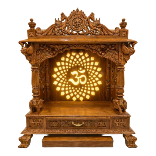 Wooden Carving Temple with LED Om Light - Solid Wood 4ft x 3ft, Polished Hand-Carved Design, Eco Friendly