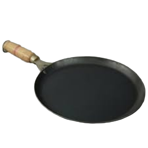 Metal Tawa - Mild Steel 12 Inch Blackened Finish, Wooden Handle, Spiral Cutting Bottom