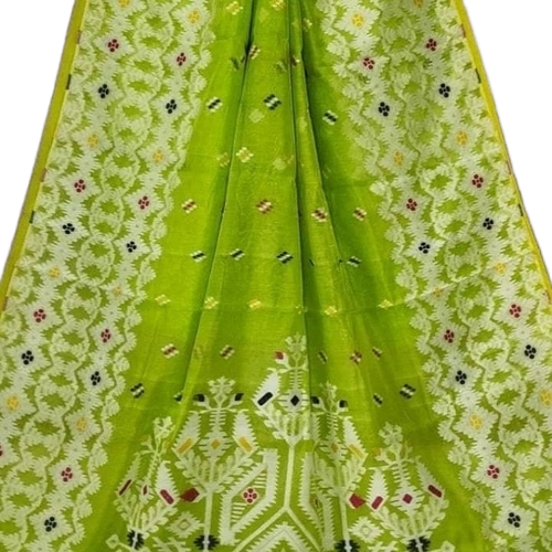 Jamdani Saree - Fine Muslin Cotton, Green, Lightweight | Handwoven, Skin Friendly, Modern Printed Pattern