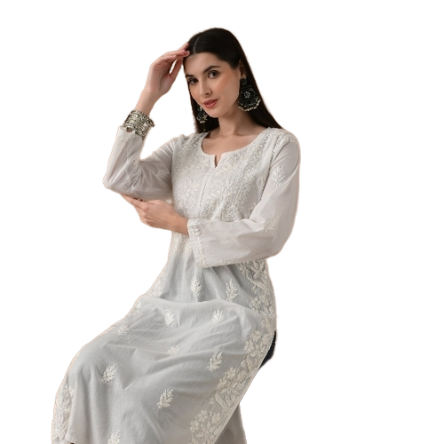 Ladies Chikan Kurti - Long Floral Pattern, Customized Size, All Colors | Anti Wrinkle, Cool Pass, Quick Dry