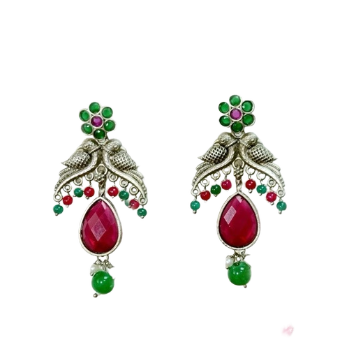 Oxidized Silver Earrings Set - Oxidized Silver Teardrop Red Quartz | Lightweight Durable Traditional Stylish Design