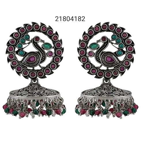 Peacock Between Circle Jhumka Earrings - Silver, Multicolored Quartz Stones | Lightweight, Traditional Ethnic Drop Earrings