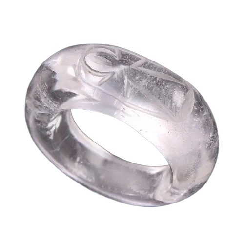 White Quartz Crystal Gemstone Carved Ring - Sterling Silver Adjustable Band Black Stylized Floral Design Handcrafted Elegance