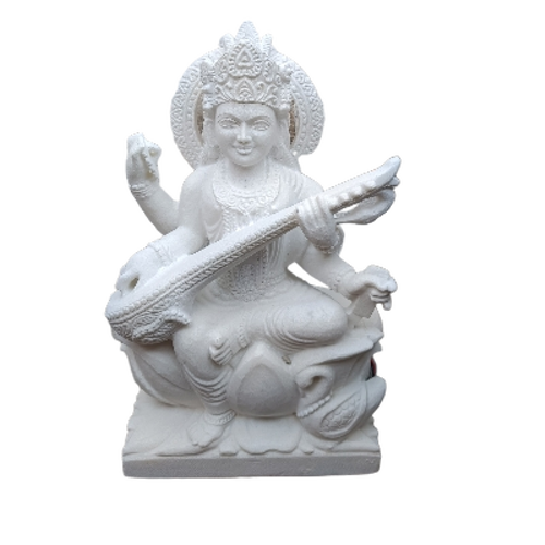 Marble Saraswati Statue - Durable Natural Marble, White, Smooth Polished Surface, Fine Carving, Handcrafted