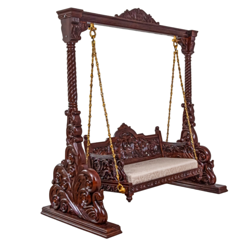 Carved Wooden Jhula For Home - Teak Wood, 8 Feet Height x 7 Feet Length, Brown, Polished Finish, Eco-Friendly Design with Heavy-Duty Chains