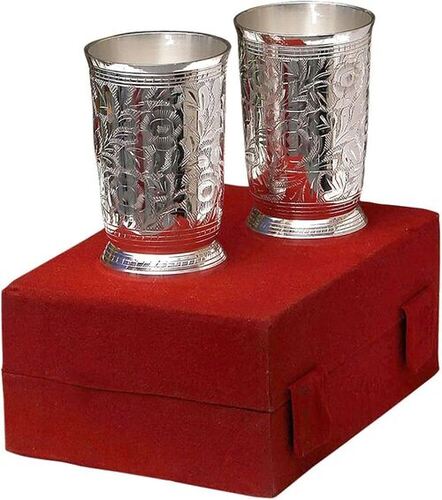 Silver Coated Brass Water Glasses - Brass, Standard Size, Silver Color | Round Shape, Durable, New, Box Packaging