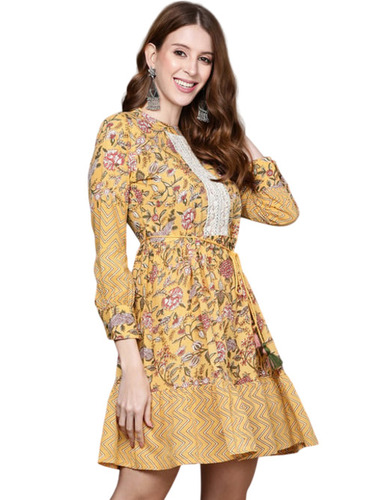 A Line Dress - Cotton, Customized Size, Yellow Floral | Breathable, Light Weight, Party Wear, Full Sleeves