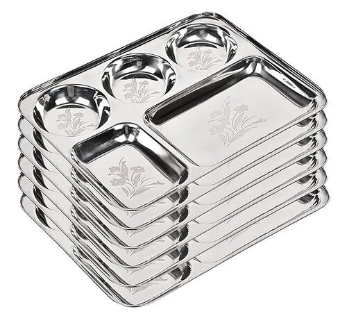 Stainless Steel Dinner Plates - Rectangular, 5 Compartments, Metallic | Rust-Proof, Floral Etching, Heat Resistant