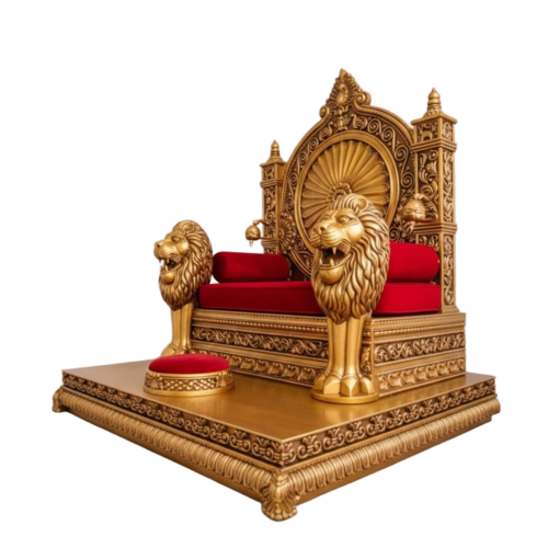 Traditional Wooden Guruji Chair Singhasan - Teak Wood 6.5x6x2.5 Feet, Lion Face Handles, Handcrafted Carvings