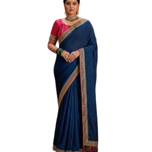 Navy Blue Saree - Standard Size, Various Colors | Wrinkle Free, No Color Fade, Daily Wear