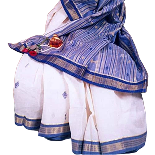 Ladies Cotton Dhanekhali Sarees - Color: White & Blue
