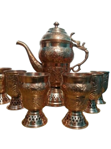 Premium Copper Sharbat Set - Copper Metal, Copper Handle, Round Shape | Handcrafted Floral Engraving, 7-piece Vintage Collection