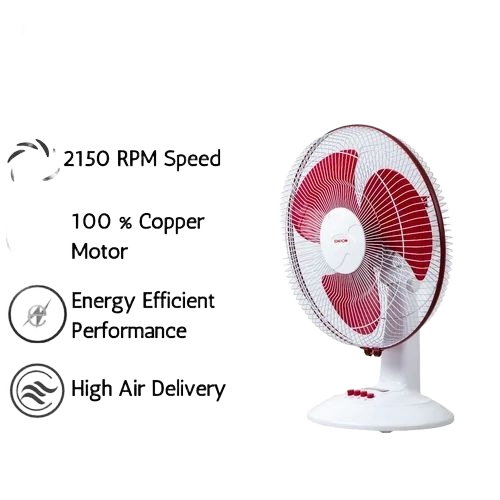 2150 Rpm Electric Table Fans - Plastic, 300 mm, Red and White, 3 Blades, Push Button Switch