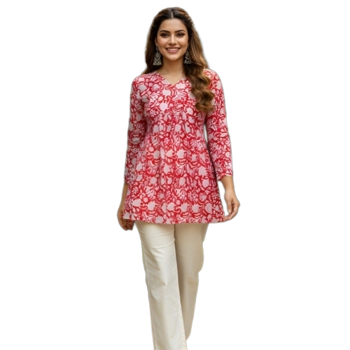 Flower Printed Fancy Kurti - Knee-Length, Long Sleeve, All Colors | Quick Dry, Skin Friendly, Casual Wear