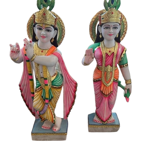 Marble Radha Krishan Statue - Marble, Square, Multi Color | Handcrafted Detailing, Polished Finish, Durable, Spiritual Art