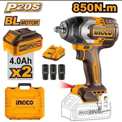 Ingco Cordless Impact Wrench - Plastic, Standard Size, Multi Color | Battery Powered, High Torque, Lightweight, LED Light