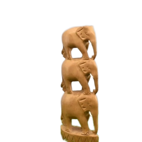 Three Elephant Statue - Solid Wood, Brown, All Sizes | Handcrafted, Intricate Carving, Tribal Motif, Durable Material