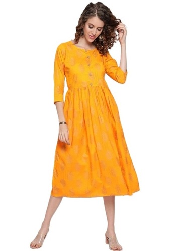 Yellow Jaipuri Cotton Tunic Kurti - Cotton, All Sizes, Yellow, 3-4th Sleeve, Breathable, Skin Friendly, Washable