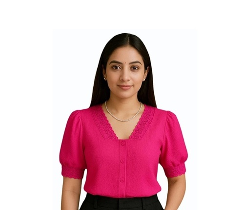 Ladies Tops - Cotton S to XXXL Pink V Neckline Half Sleeves Wrinkle-Free Quick Dry Lightweight Fully Stitched