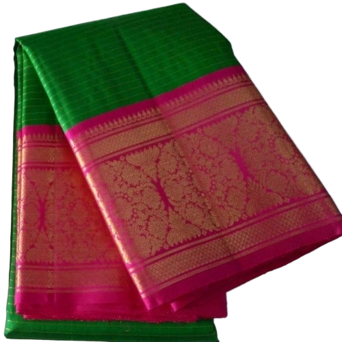 Kanchipuram Sarees - 5.50m Unstitched Soft Cotton Blend, Green & Pink, Quick Dry, Printed Pattern