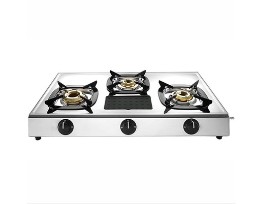 Triple Burner Gas Stove - Stainless Steel, Standard Size, Golden-Silver-Black | Polished Finish, Manual Ignition, LPG Gas Saving