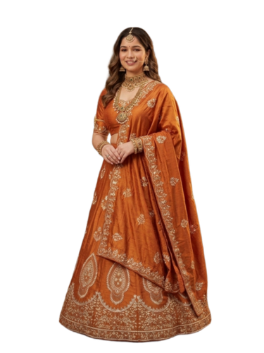 Zardozi Handwork Tissue Fabric Golden Lehenga Chunni - Length: 43 Inch (In)