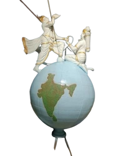 Frp Arjun & Krishna On Globe Statue Sculpture - FRP, 10 Feet, Multicolor, Waterproof | Outdoor Use, Round Rod Shape