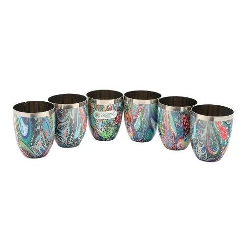 Steel Glasses 6 Pcs - Stainless Steel, Round Printed, Multicolor | Rust-Proof, Durable, Fine Finished