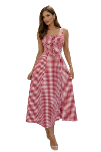 Women Red Ginghum Sleeveless Summer Dress - Ethnic Region: Korean