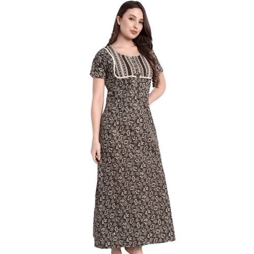 Nighty - Cotton, Black, Ladies | Soft Fabric, Breathable, Floral Pattern, Stretchable, Loose Fit Sleepwear