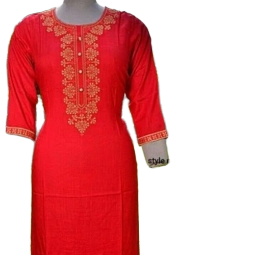 Embroidered Kurti - Cotton, Red, Long Sleeve | Quick Dry, Comfortable, Multi-season, Women's Casual & Formal