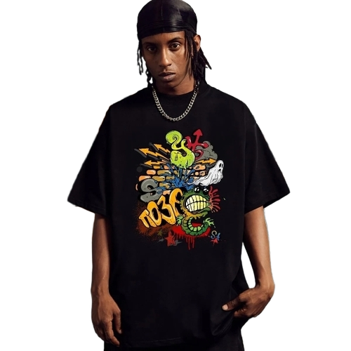 Graphic Design T Shirt - Cotton Blend, Standard Size, Black | O-Neck, Short Sleeves, Printed, Mens, Adult