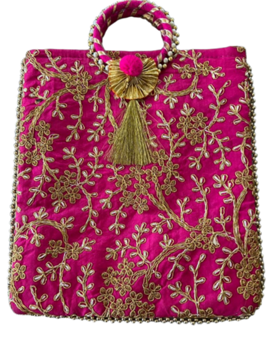 Silk Embroidery Bangle Potli Bag - Raw Silk 10x8 Inch, Beaded Handle, Floral Design